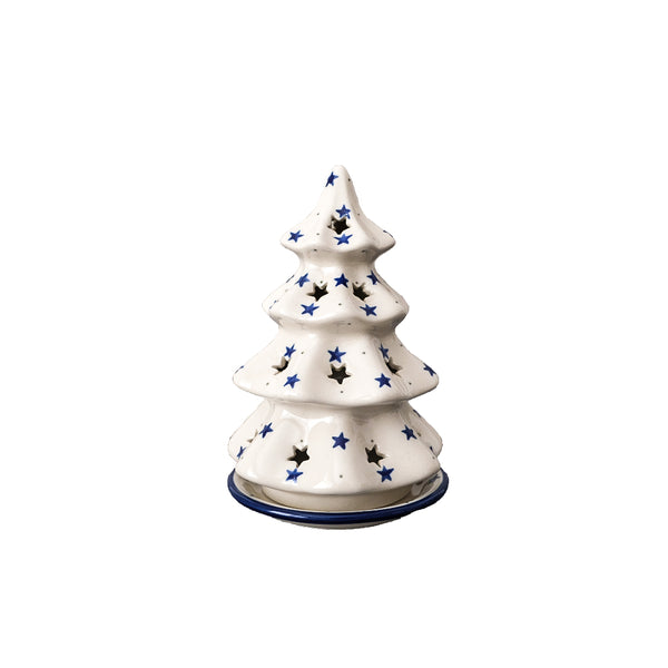 Polish Pottery 7" Christmas tree candle holder with small navy stars and gray dots on cream, Ceramika Artystyczna, 1784X