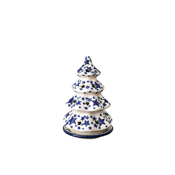 Polish Pottery 6" Christmas tree candle holder with scattered navy small and big stars on cream, Ceramika Artystyczna, 359AX