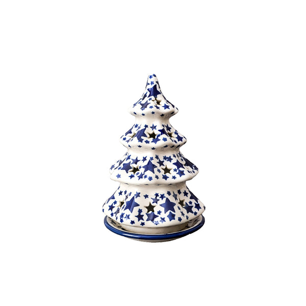Polish Pottery 7" Christmas tree candle holder with scattered navy small and big stars on cream, Ceramika Artystyczna, 359AX