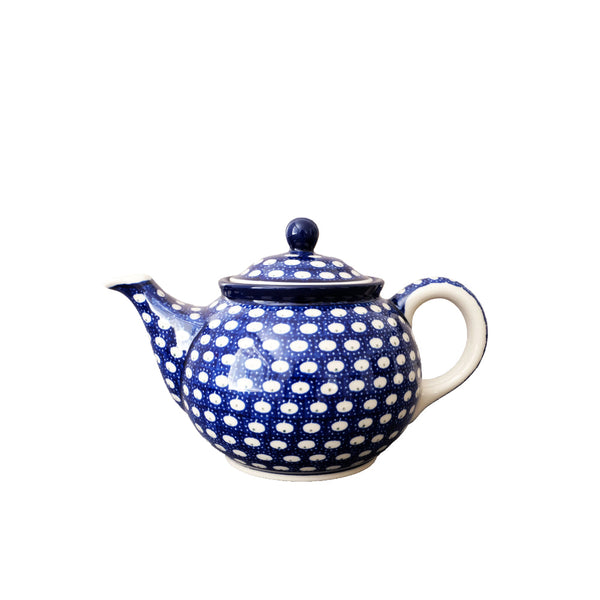 Polish Pottery 30 oz teapot with navy lace with repeating white oval design, Ceramika Artystyczna, Boleslawiec, 74X