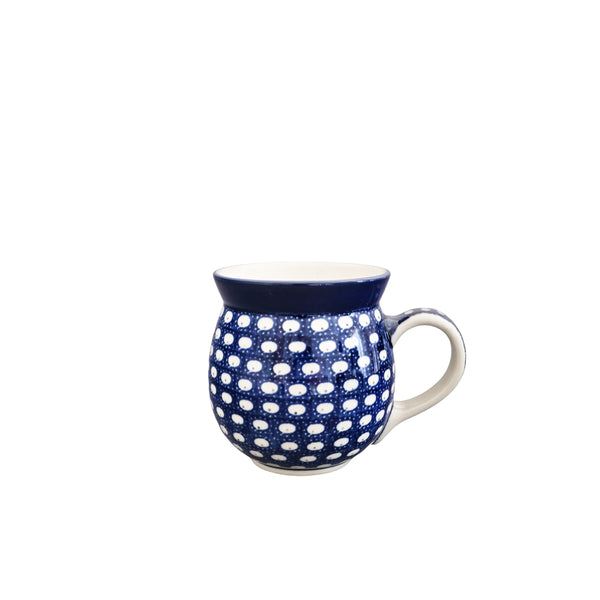 Polish Pottery bubble mug 17 oz with navy lace with repeating white oval design, Ceramika Artystyczna, Boleslawiec, 74X