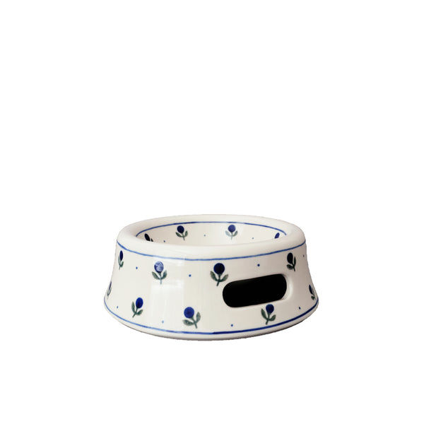 Handcrafted Polish Pottery small pet bowl with navy blueberry and tiny dots on cream, Ceramika Artystyczna, Boleslawiec, 135