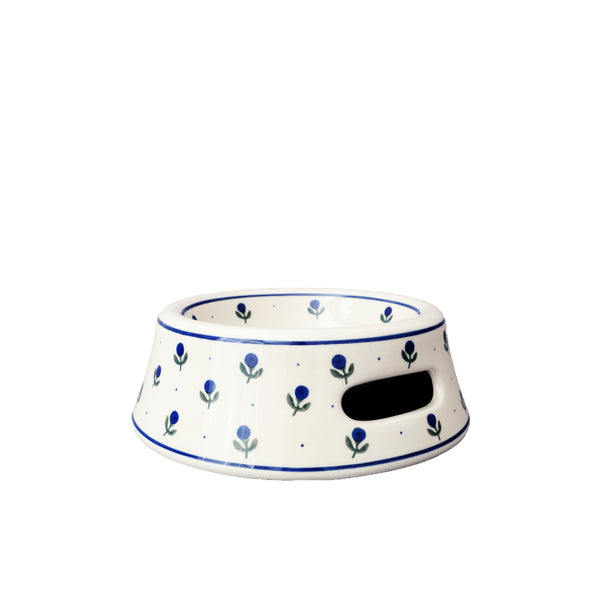 Handcrafted Polish Pottery large pet bowl with navy blueberry and tiny dots on cream, Ceramika Artystyczna, Boleslawiec, 135