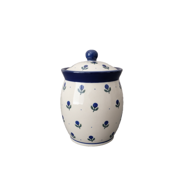 Polish Pottery storage jar with lid with navy blueberry and tiny dots on cream, Ceramika Artystyczna, Boleslawiec, 135X