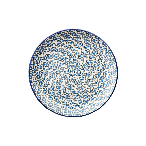 Polish Pottery dinner plate 10" with all over small blueberries with green leaves, Ceramika Artystyczna, Boleslawiec, 1658X