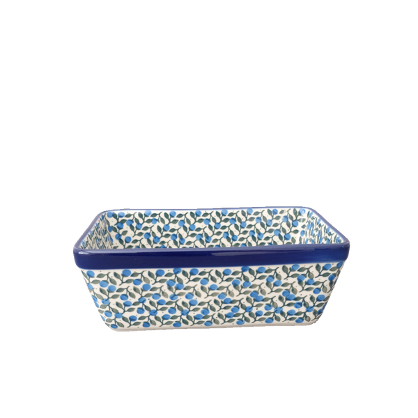 Polish Pottery small 8" loaf pan with all over small blueberries with green leaves, Ceramika Artystyczna, Boleslawiec, 1658X
