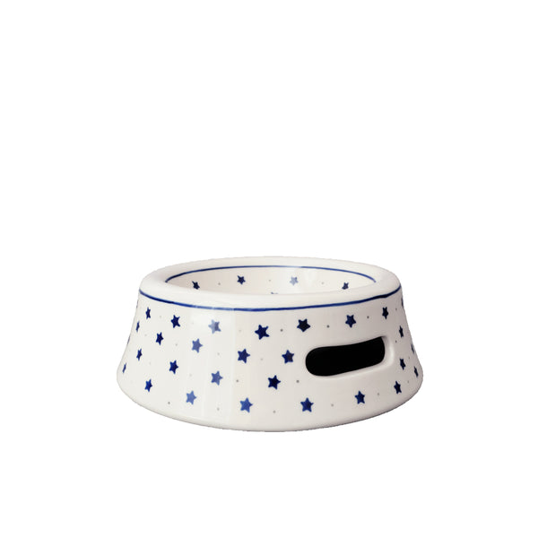 Polish Pottery large pet bowl with little navy stars and grey dots on cream, Ceramika Artystyczna, Boleslawiec, 1784