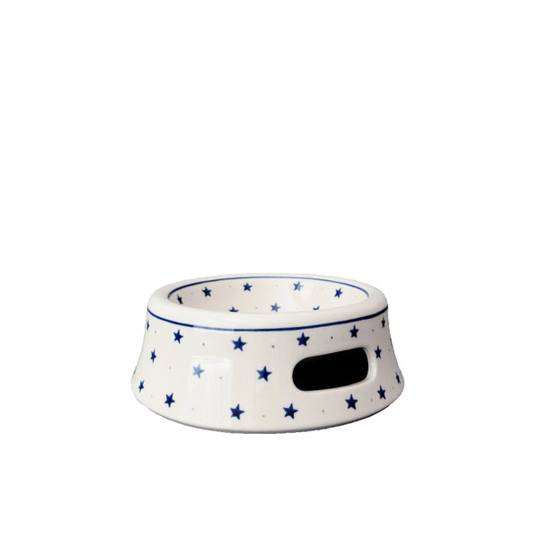 Polish Pottery small pet bowl with little navy stars and grey dots on cream, Ceramika Artystyczna, Boleslawiec, 1784