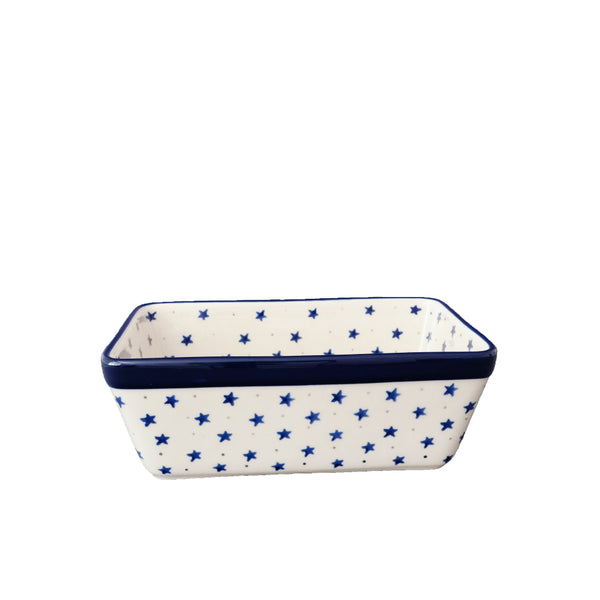 Polish Pottery small 8" loaf pan with small navy stars and gray dots on cream, Ceramika Artystyczna, Boleslawiec, 1784X