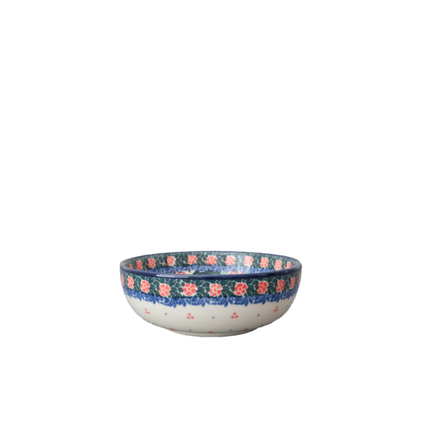 Polish Pottery snack 14 oz bowl with rowanberry garland with red flowers navy lace, Ceramika Artystyczna, Boleslawiec, 2056X