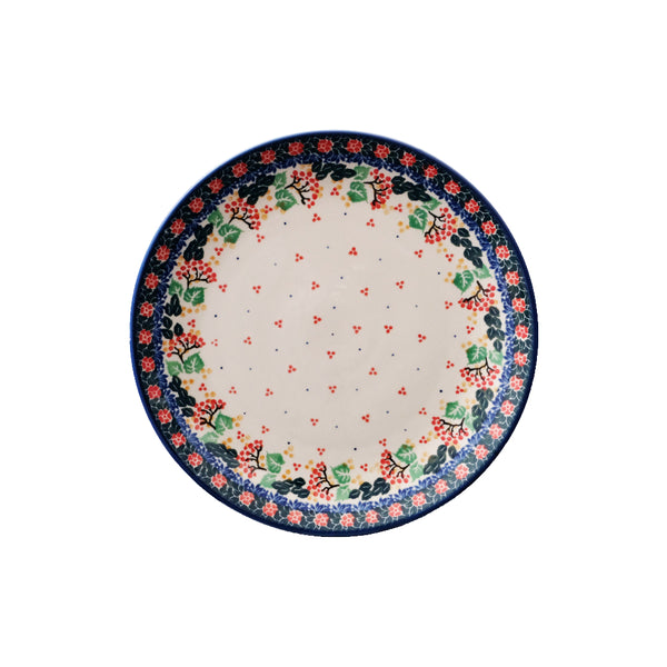 Polish Pottery dinner plate 10" with rowanberry garland with red flowers navy lace, Ceramika Artystyczna, Boleslawiec, 2056X