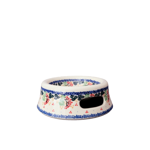 Polish Pottery small pet bowl with rowanberry garland with red flowers navy lace, Ceramika Artystyczna, Boleslawiec, 2056