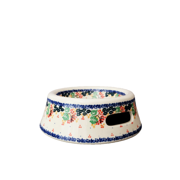 Polish Pottery large pet bowl with rowanberry garland with red flowers navy lace, Ceramika Artystyczna, Boleslawiec, 2056