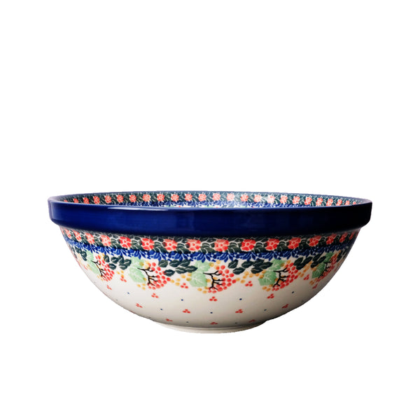 Polish Pottery 101 oz serving bowl with rowanberry garland with red flowers navy lace, Ceramika Artystyczna, 2056X
