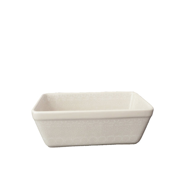 Handmade Polish Pottery small 8" loaf pan with white lace on cream surface, Ceramika Artystyczna, Boleslawiec, 2324