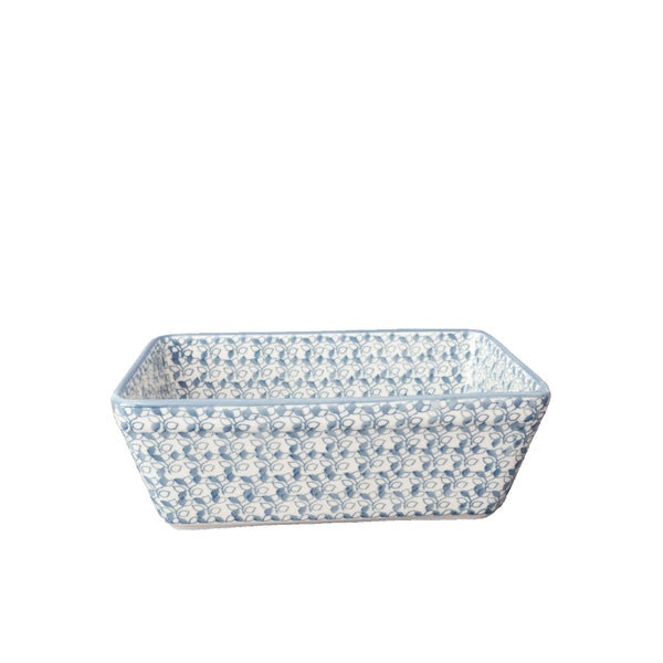 Polish Pottery small 8" loaf pan with small dove-grey leaves all over the surface, Ceramika Artystyczna, Boleslawiec, 2343S