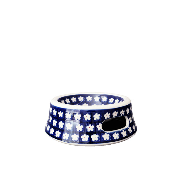 Polish Pottery small pet bowl with navy surface with small white flowers and red centers, Ceramika Artystyczna, 247