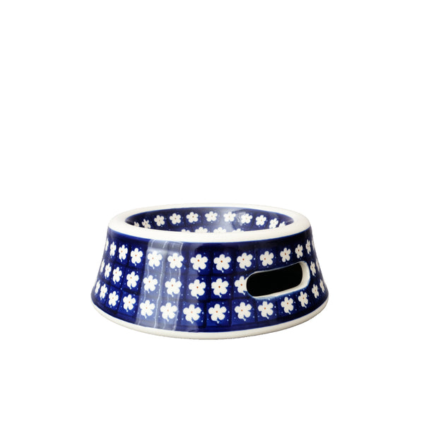 Polish Pottery large pet bowl with navy surface with small white flowers and red centers, Ceramika Artystyczna, 247