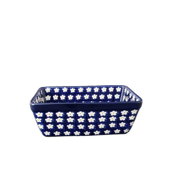 Polish Pottery small 8" loaf pan with navy surface with small white flowers and red centers, Ceramika Artystyczna, 247X