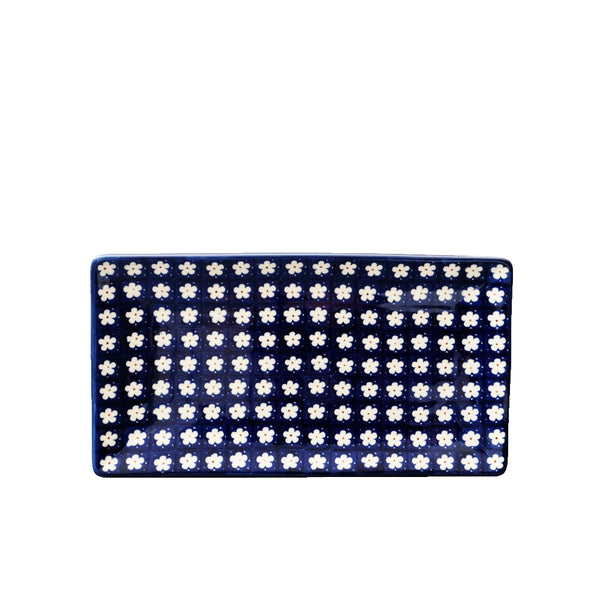 Polish Pottery large serving plate with navy surface with small white flowers and red centers, Ceramika Artystyczna, 247X