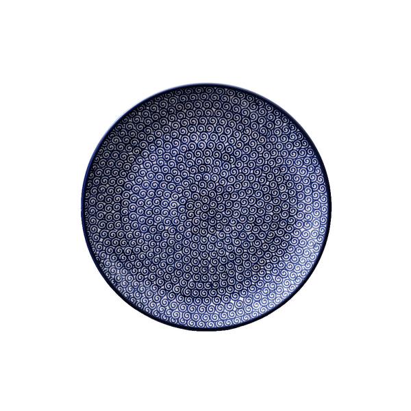 Handmade Polish Pottery dinner plate 10" with dark blue spiral wave pattern, Ceramika Artystyczna, Boleslawiec, 28X