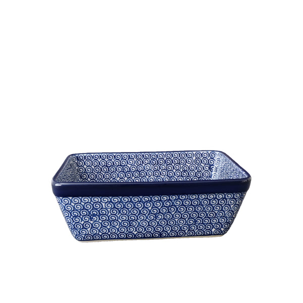 Authentic Polish Pottery small 8" loaf pan with dark blue spiral wave pattern, Ceramika Artystyczna, Boleslawiec, 28X