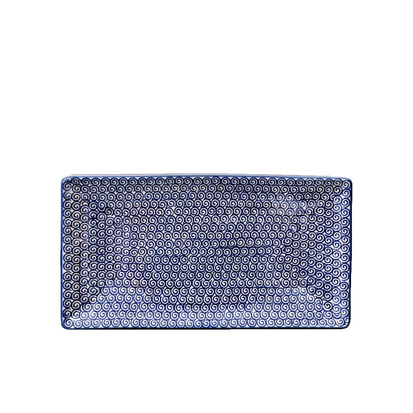 Handcrafted Polish Pottery large serving plate with dark blue spiral wave pattern, Ceramika Artystyczna, Boleslawiec, 28X