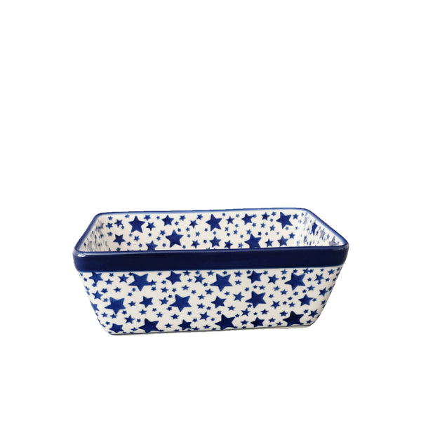 Polish Pottery small 8" loaf pan with scattered navy small and big stars on cream, Ceramika Artystyczna, Boleslawiec, 359AX