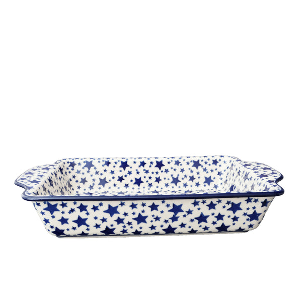 Polish Pottery rectangular baker 13" with scattered navy small and big stars on cream, Ceramika Artystyczna, 359AX
