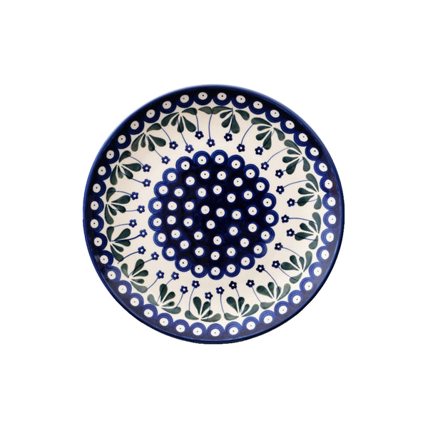 Polish Pottery dinner plate 10" with tall blue flowers, green leaves and navy circles, Ceramika Artystyczna, 377YX