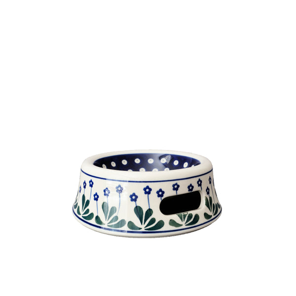 Polish Pottery small pet bowl with tall blue flowers, green leaves and navy circles, Ceramika Artystyczna, Boleslawiec, 377Y