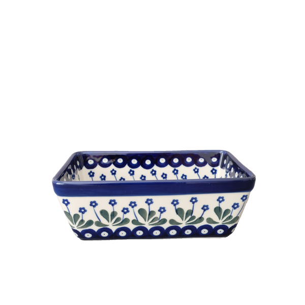 Polish Pottery small 8" loaf pan with tall blue flowers, green leaves and navy circles, Ceramika Artystyczna, 377YX