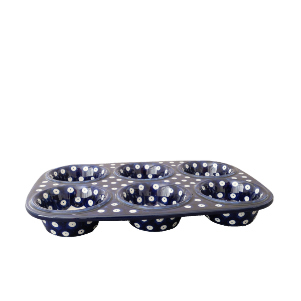 Polish Pottery muffin pan with tall blue flowers, green leaves and navy circles, Ceramika Artystyczna, Boleslawiec, 377YX