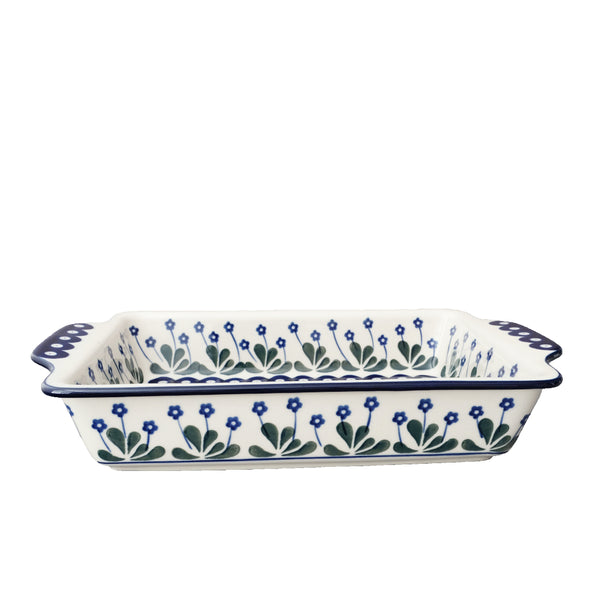 Polish Pottery rectangular baker 13" with tall blue flowers, green leaves and navy circles, Ceramika Artystyczna, 377YX