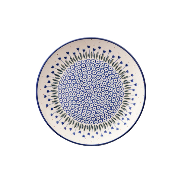 Polish Pottery dinner plate 10" with blue tulips, green leaves and navy circles, Ceramika Artystyczna, Boleslawiec, 490AX