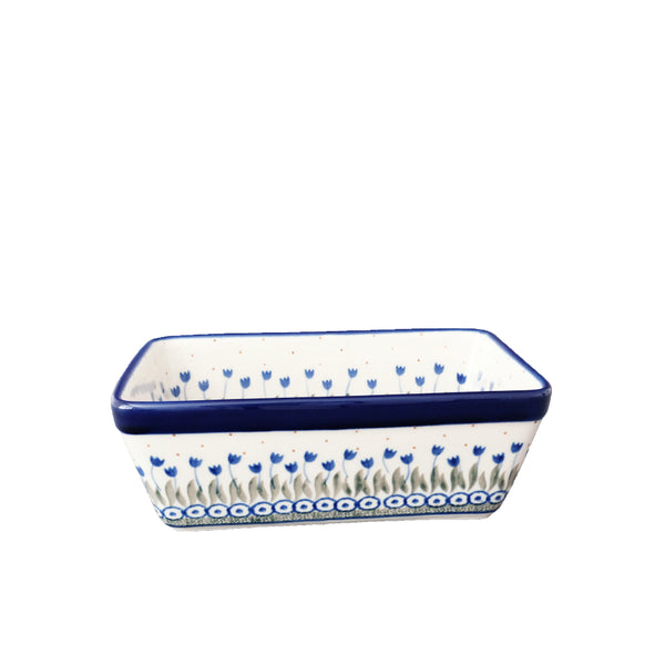 Polish Pottery small 8" loaf pan with blue tulips, green leaves and navy circles, Ceramika Artystyczna, Boleslawiec, 490AX