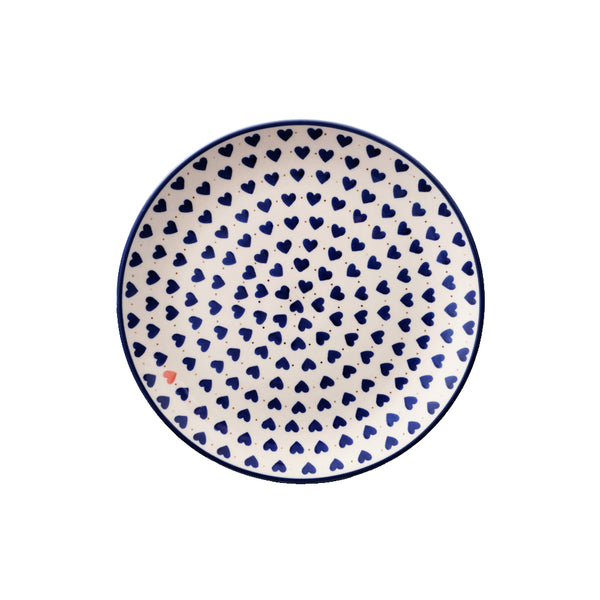 Polish Pottery dinner plate 10" with navy hearts and one coral heart on cream, Ceramika Artystyczna, Boleslawiec, 570