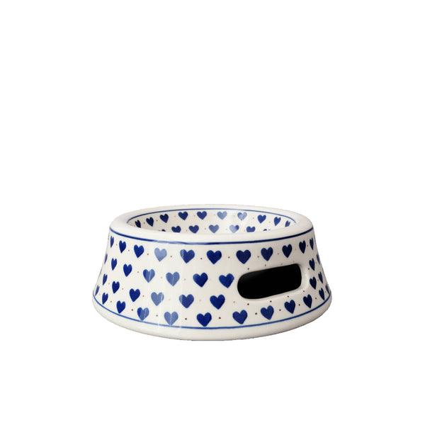 Polish Pottery large pet bowl with navy hearts and one coral heart on cream, Ceramika Artystyczna, Boleslawiec, 570