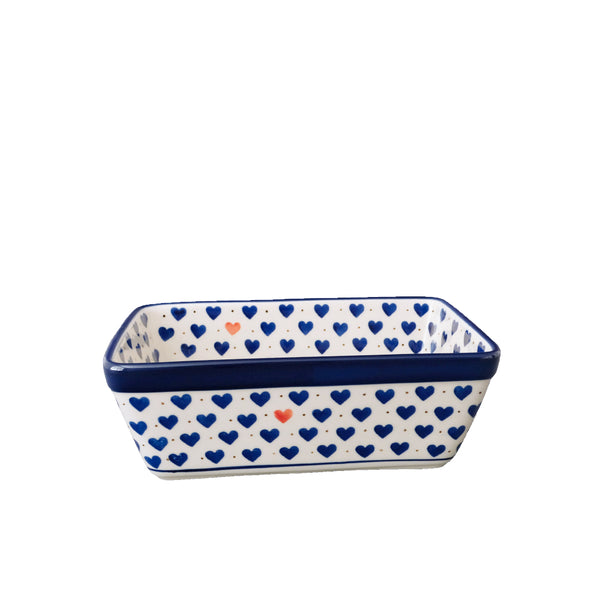Polish Pottery small 8" loaf pan with navy hearts and one coral heart on cream, Ceramika Artystyczna, Boleslawiec, 570