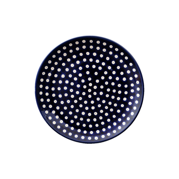 Handmade Polish Pottery dinner plate 10" with white polka dot pattern on navy, Ceramika Artystyczna, Boleslawiec, 70AX