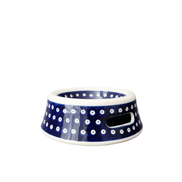 Authentic Polish Pottery large pet bowl with white polka dot pattern on navy, Ceramika Artystyczna, Boleslawiec, 70A