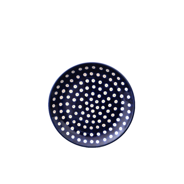 Handmade Polish Pottery breakfast plate 8" with white polka dot pattern on navy, Ceramika Artystyczna, Boleslawiec, 70AX