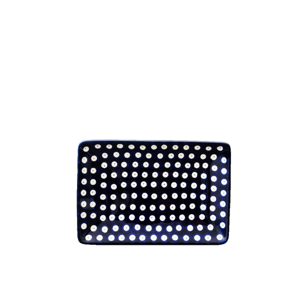 Handmade Polish Pottery small serving plate with white polka dot pattern on navy, Ceramika Artystyczna, Boleslawiec, 70AX