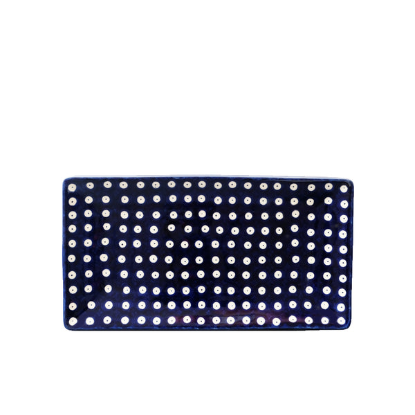 Handcrafted Polish Pottery large serving plate with white polka dot pattern on navy, Ceramika Artystyczna, Boleslawiec, 70AX