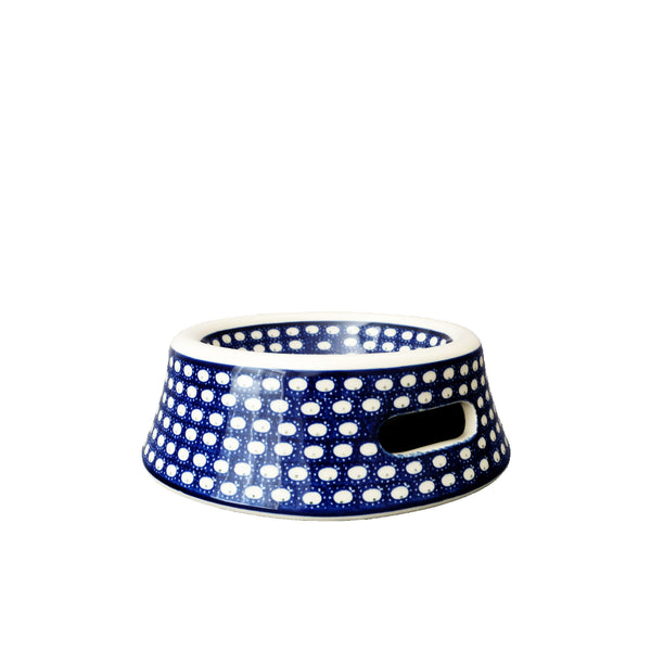 Handmade Polish Pottery large pet bowl with white oval design on navy lace, Ceramika Artystyczna, Boleslawiec, 74