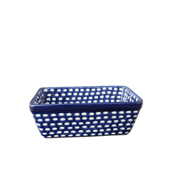 Polish Pottery small 8" loaf pan with navy lace with repeating white oval design, Ceramika Artystyczna, Boleslawiec, 74X