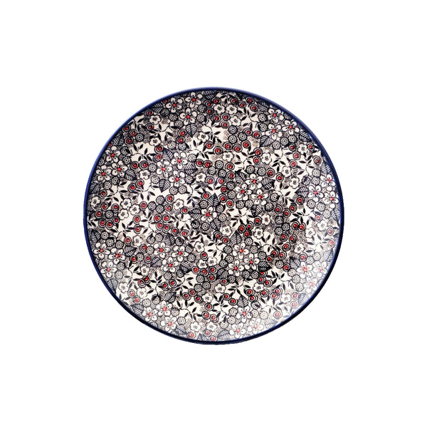 Polish Pottery dinner plate 10" with black cherry blossom motif and red accents, Ceramika Artystyczna, Boleslawiec, U4783