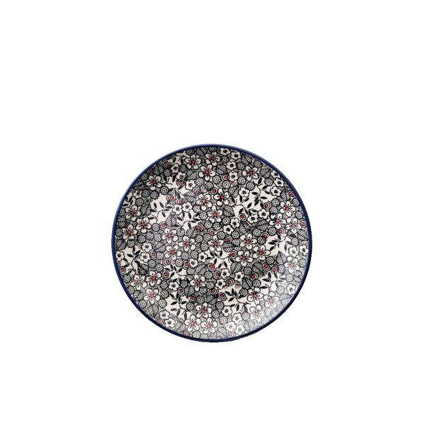 Polish Pottery breakfast plate 8" with black cherry blossom motif and red accents, Ceramika Artystyczna, Boleslawiec, U4783
