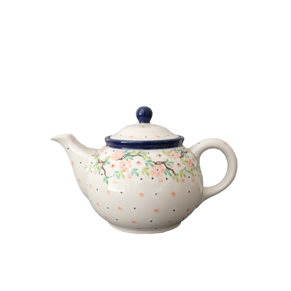 Polish Pottery 30 oz teapot with cherry blossom branches and green leaves, Ceramika Artystyczna, Boleslawiec, U4790