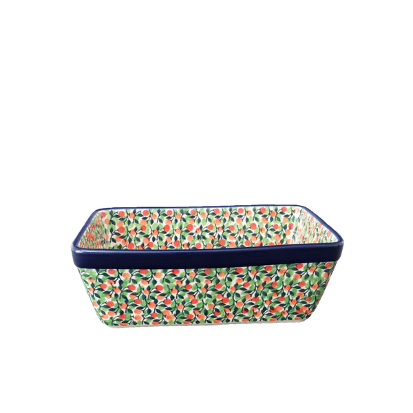 Polish Pottery small 8" loaf pan with orange-red berries all over the surface, Ceramika Artystyczna, Boleslawiec, U4806